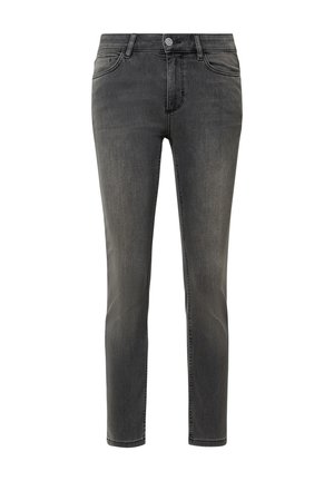 Jeans in denim grigio con vestibilità slim, design a cinque tasche, chiusura frontale con bottone e lievi sbiadimenti sulle cosce. Forma a gamba dritta.