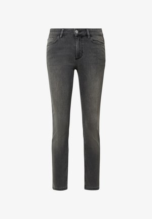 Graue Denim-Jeans mit schlankem Schnitt, Fünf-Taschen-Design, Knopfverschluss vorne und leichten Ausbleichungen an den Oberschenkeln. Gerade Beinform.