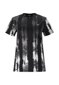 Sorte og hvide kortærmede træningsskjorte med et bølget stribemønster, rund hals og letvægtsstof, med et logo nær halsen.