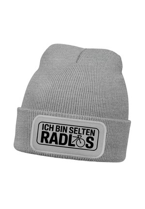 Gray knit beanie with a folded cuff, featuring a white patch printed with the text “ICH BIN SELTEN RADLOS” and a bicycle icon.
