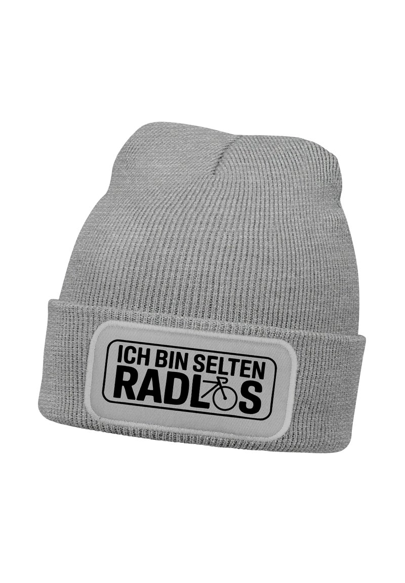Gray knit beanie with a folded cuff, featuring a white patch printed with the text “ICH BIN SELTEN RADLOS” and a bicycle icon.