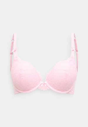 Pink blonder-bh med polstrede undertrådskopper, bølgede kanter, justerbare stropper og en lille bue i midten. Tekstureret blomsterprint.