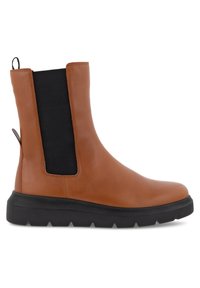 Stivaletto in pelle marrone con pannelli laterali elastici, punta rotonda e suola in gomma nera con grip testurizzato. Include una linguetta sul retro.