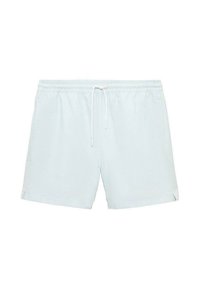 Ljusblå randiga badshorts med en avslappnad design, elastisk midja med dragsko och sidoflikar för komfort.