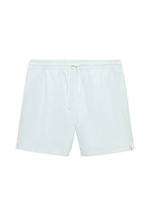 Helle blau gestreifte Badeshorts mit einem lässigen Design, elastischem Bund mit Kordelzug und seitlichen Schlitzen für zusätzlichen Komfort.