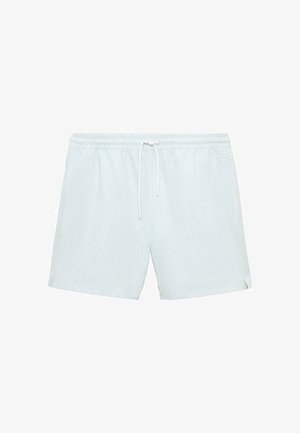 Pantaloni scurți de înot cu dungi albastre deschise, cu un design casual, talie elastică cu șnur și fante laterale pentru confort.