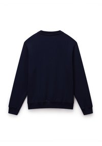 Marineblå sweatshirt, rund hals, lange ærmer, ribbede manchetter og kant, glat tekstur, minimalistisk design, ingen synlige logoer eller mønstre.