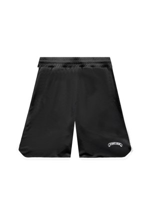 Shorts de sport noirs avec taille élastique, poches latérales et petit patch logo blanc sur la partie inférieure de la jambe gauche.