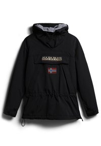 Veste noire à capuche avec poche frontale, le nom de la marque "Napapijri" et un patch du drapeau norvégien sur la poitrine, avec des cordons de serrage réglables à la taille et à l'ourlet.