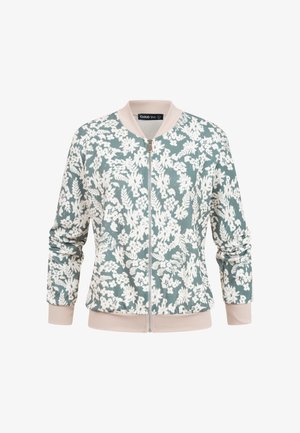 Veste bomber zippée avec col et poignets rose pâle, présentant des motifs floraux blancs sur un fond vert doux.