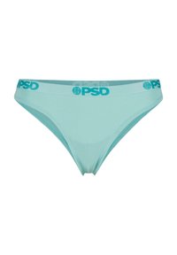 Light blue cotton thong with a soft texture and elastic waistband featuring the "PSD" logo in contrasting turquoise. Minimalist design.