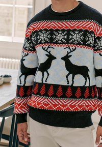 Gestrickter Pullover mit rundem Ausschnitt und einem Muster aus Rentieren, Schneeflocken und Blättern in Schwarz, Rot, Weiß und Hellblau.