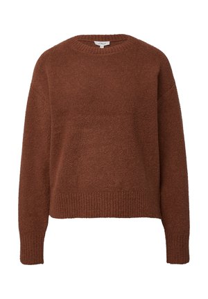 Pull marron texturé avec un col rond et des manches longues. Ourlet et poignets côtelés, coupe décontractée. Matière douce et duveteuse.