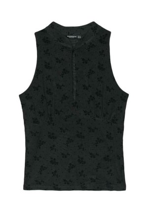 Haut noir sans manches avec un motif floral discret, un col montant et une courte patte de boutonnage devant.