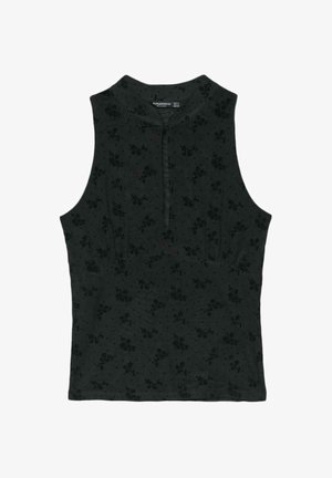 Haut noir sans manches avec un motif floral discret, un col montant et une courte patte de boutonnage devant.