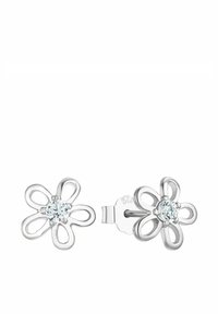 Silverblommformade örhängen med en central genomskinlig ädelsten, som har intrikata öppna kronblad och en säker studback.