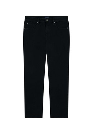 Schwarze Denim-Jeans mit fünf Taschen, metallischem Knopfverschluss und geradem Bein. Glatte Textur mit dezenten Nähdetails.