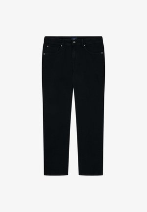 Jeans de mezclilla negra con diseño de cinco bolsillos, cierre de botón metálico y corte recto. Textura suave con sutiles detalles de costura.