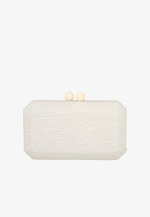 Clutch rectangular de color blanco roto con tela texturizada, que presenta un cierre de broche y dos pomos redondos beige en la parte superior. Superficie lisa con líneas sutiles.