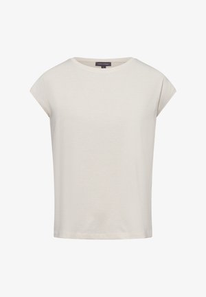 Kurzarm-Cream-Top mit runder Ausschnittform, das eine subtile gestreifte Textur und einen entspannten Schnitt aufweist.