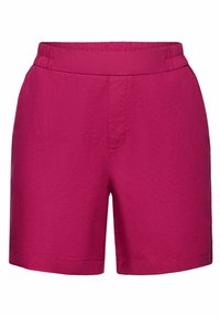 Magenta kraťasy s elastickým pasem, s hladkým povrchem, rovného střihu a jednou přední kapsou. Délka sahá nad koleno.