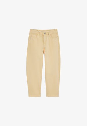 Jeans de mezclilla amarillo claro con un ajuste relajado, cintura de talle medio, bolsillos delanteros y cierre con un solo botón. Textura suave y diseño de pierna recta.