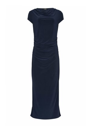 Vestido midi azul marino sin mangas con cintura fruncida y escote drapeado, confeccionado con una tela suave y fluida.