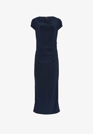 Robe midi sans manches bleu marine avec taille froncée et encolure drapée, confectionnée dans un tissu lisse et fluide.