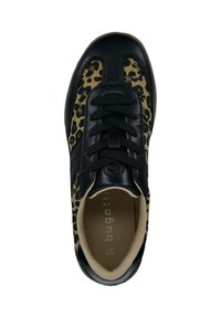 Black and tan leopard print sneaker with leather upper, round toe, and flat rubber sole. Features black laces and beige interior lining.