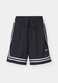 Shorts de sport noirs avec une taille élastique et un cordon de serrage. Avec des rayures blanches en accent et un petit logo sur la jambe gauche.