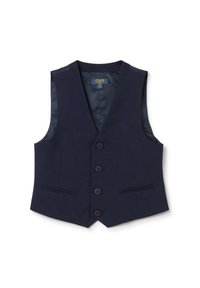 Navyblauer Weste aus gewebtem Stoff mit V-Ausschnitt, fünf Knopfverschluss und zwei vorderen Taschen. Glatte Innenauskleidung.