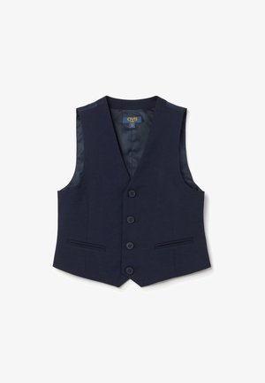 Gilet di colore blu navale realizzato in tessuto intrecciato, con scollo a V, chiusura a cinque bottoni e due tasche frontali. Fodera interna liscia.