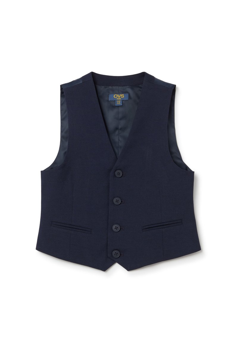 Navyblauer Weste aus gewebtem Stoff mit V-Ausschnitt, fünf Knopfverschluss und zwei vorderen Taschen. Glatte Innenauskleidung.