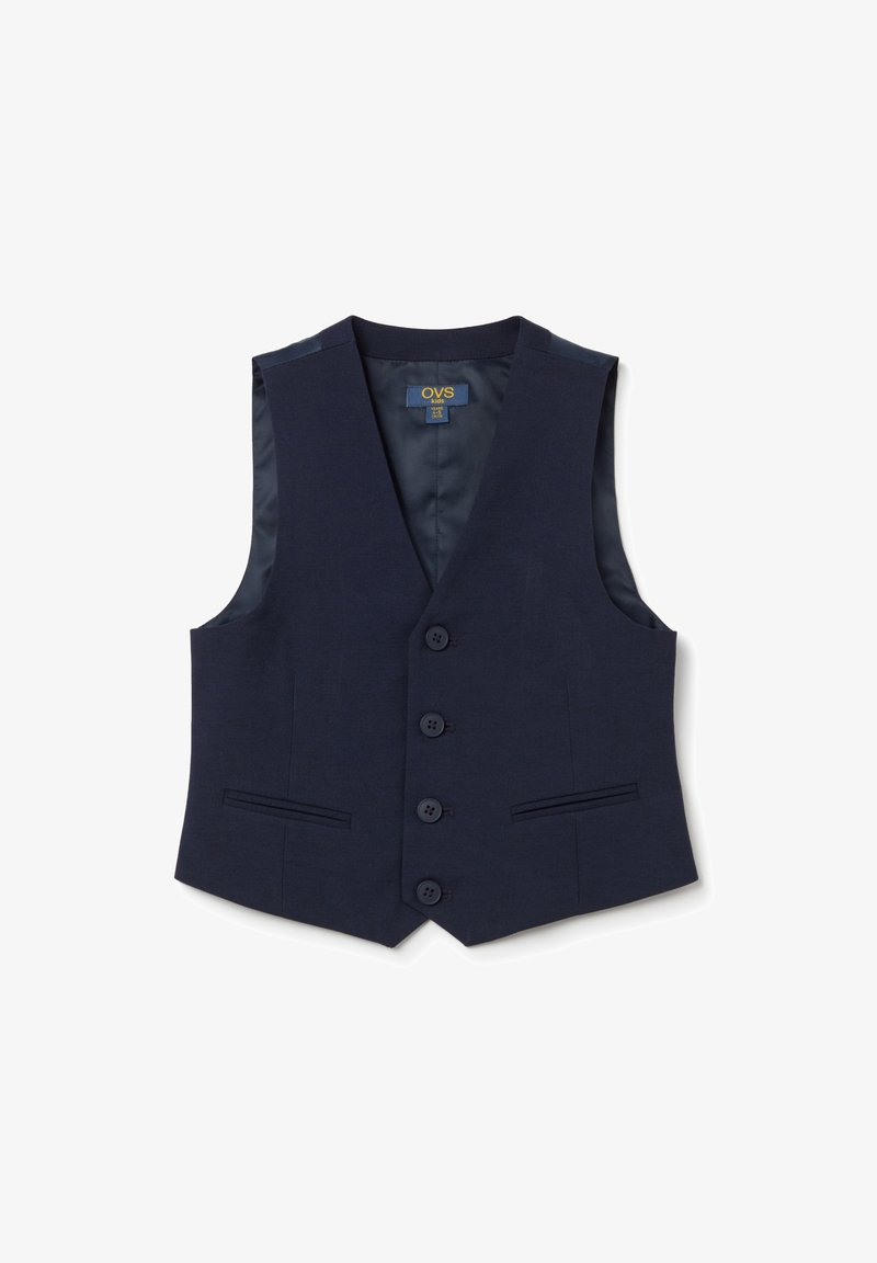 Navyblauer Weste aus gewebtem Stoff mit V-Ausschnitt, fünf Knopfverschluss und zwei vorderen Taschen. Glatte Innenauskleidung.