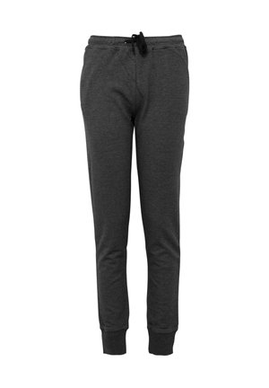 Grå sweatpants lavet af blødt stof, med elastisk talje, justerbar snøre og ribbede manchetter.