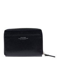 Portafoglio in pelle nera con una texture liscia, chiusura con zip e un logo in argento. Presenta slot per carte e una forma rettangolare compatta.