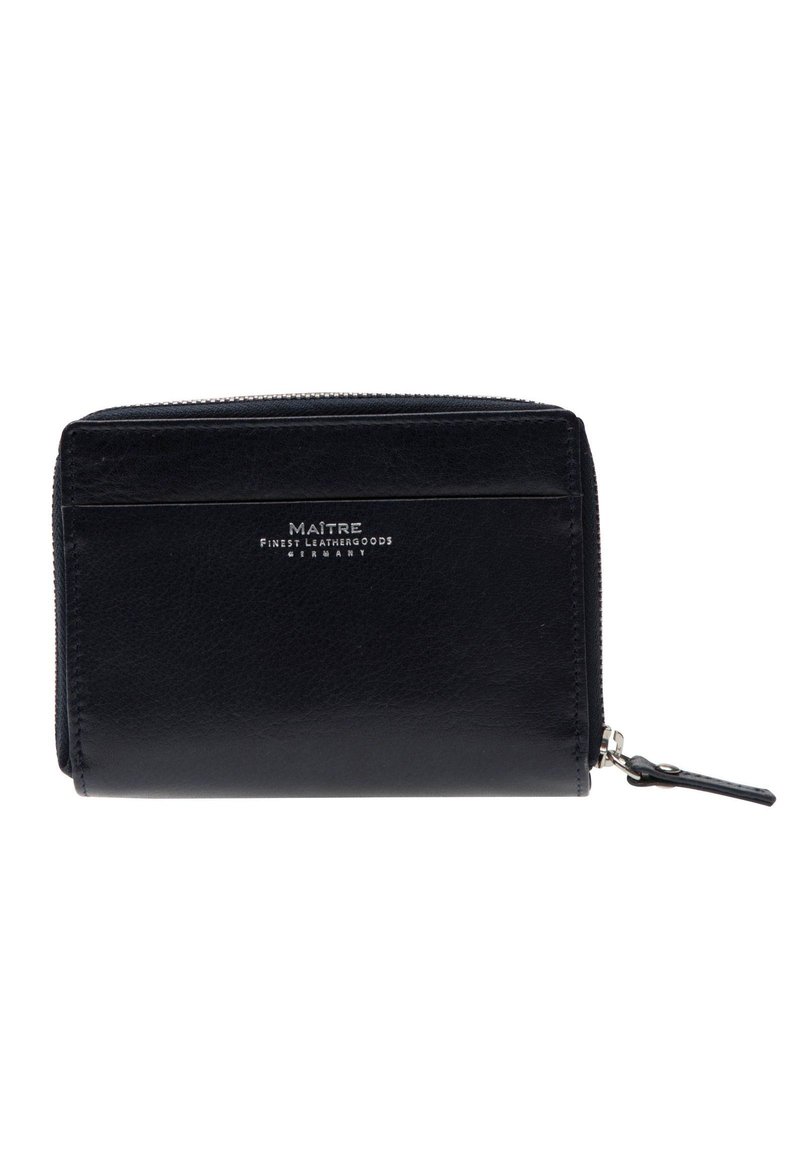 Portafoglio in pelle nera con una texture liscia, chiusura con zip e un logo in argento. Presenta slot per carte e una forma rettangolare compatta.
