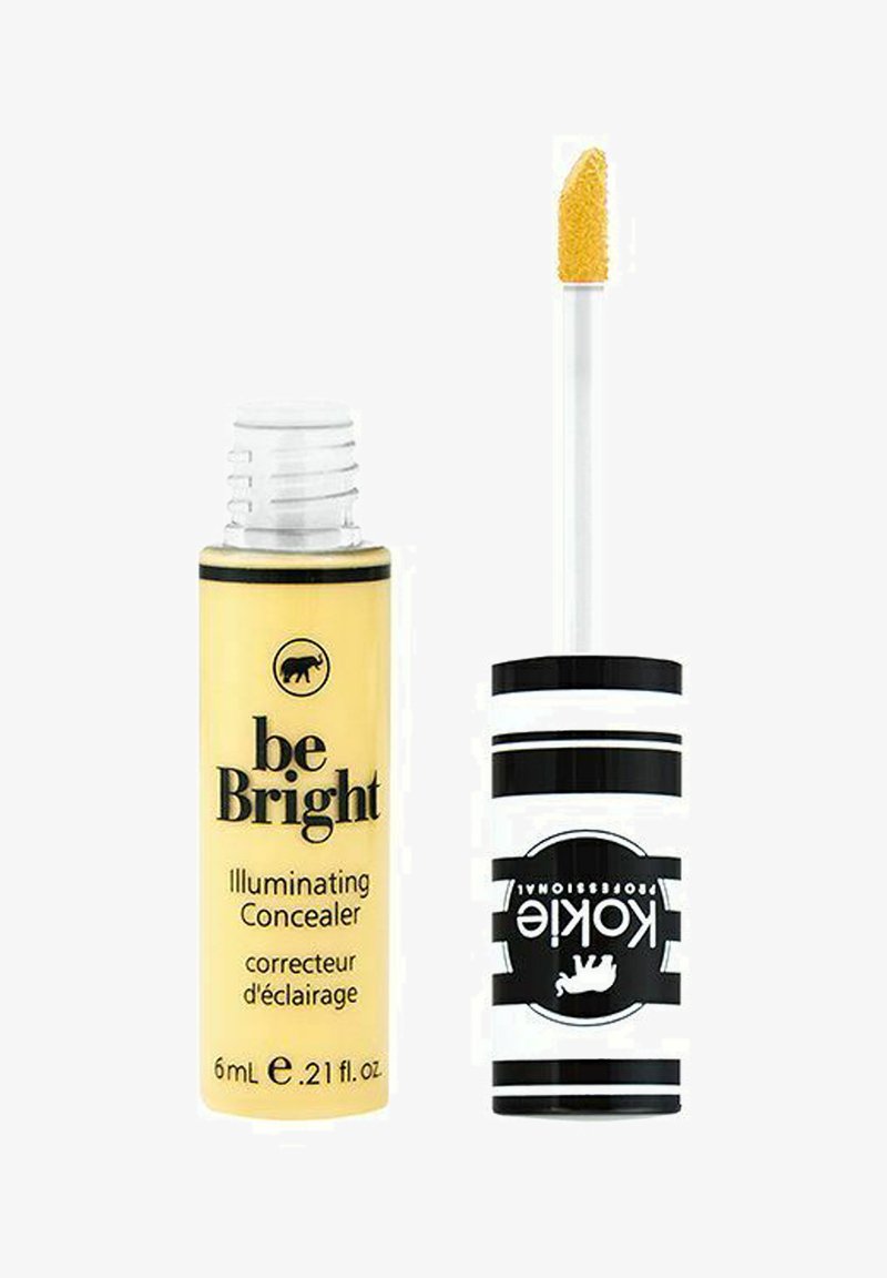 Gul cylindrisk beholder mærket "be Bright Illuminating Concealer" med en sort og hvid stribet hætte og en spids applikator.