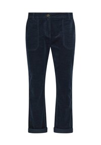 Pantalones de pana de color azul oscuro con bolsillos tipo parche en el frente, dobladillos con puños y cierre de botón en la cintura.