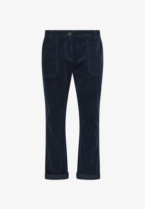 Mørkeblå fløjlshyse med frontlomme, opfoldede kanter og knaplukning i taljen.