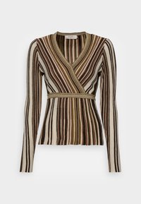 Maglia a maniche lunghe a righe con scollo a V, caratterizzata da varie sfumature di crema, marrone e oliva. Tessuto strutturato con silhouette aderente.