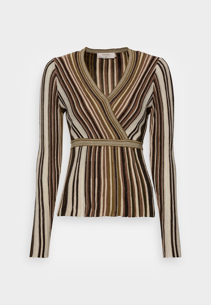 Maglia a maniche lunghe a righe con scollo a V, caratterizzata da varie sfumature di crema, marrone e oliva. Tessuto strutturato con silhouette aderente.