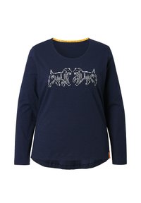 Maglia a maniche lunghe blu navy con scollo tondo, caratterizzata da una grafica bianca di due cani. Tessuto morbido con orlo leggermente arrotondato e dettaglio giallo.