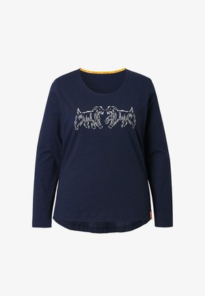 Marineblaues Langarmshirt mit rundem Ausschnitt, versehen mit einem weißen Motiv von zwei Hunden. Weicher Stoff mit leicht abgerundetem Saum und gelbem Akzent.