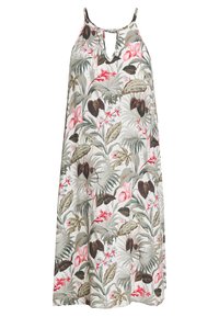 Blumendruckkleid mit ärmellosem Design, Schlüsselloch-Ausschnitt und lockerer Passform. Farben sind grün, pink und erdige Töne auf einem hellen Hintergrund.