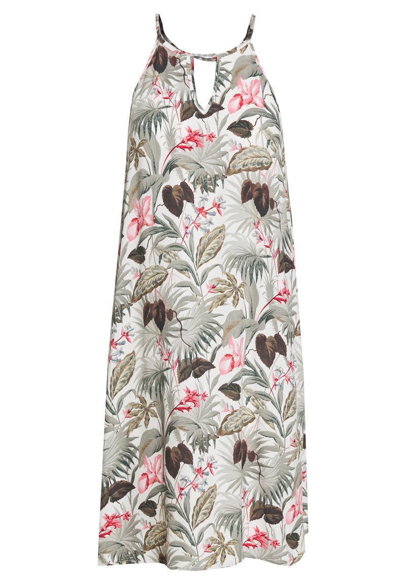 Blumendruckkleid mit ärmellosem Design, Schlüsselloch-Ausschnitt und lockerer Passform. Farben sind grün, pink und erdige Töne auf einem hellen Hintergrund.