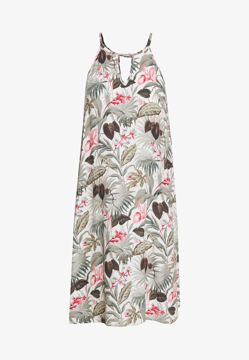 Blumendruckkleid mit ärmellosem Design, Schlüsselloch-Ausschnitt und lockerer Passform. Farben sind grün, pink und erdige Töne auf einem hellen Hintergrund.