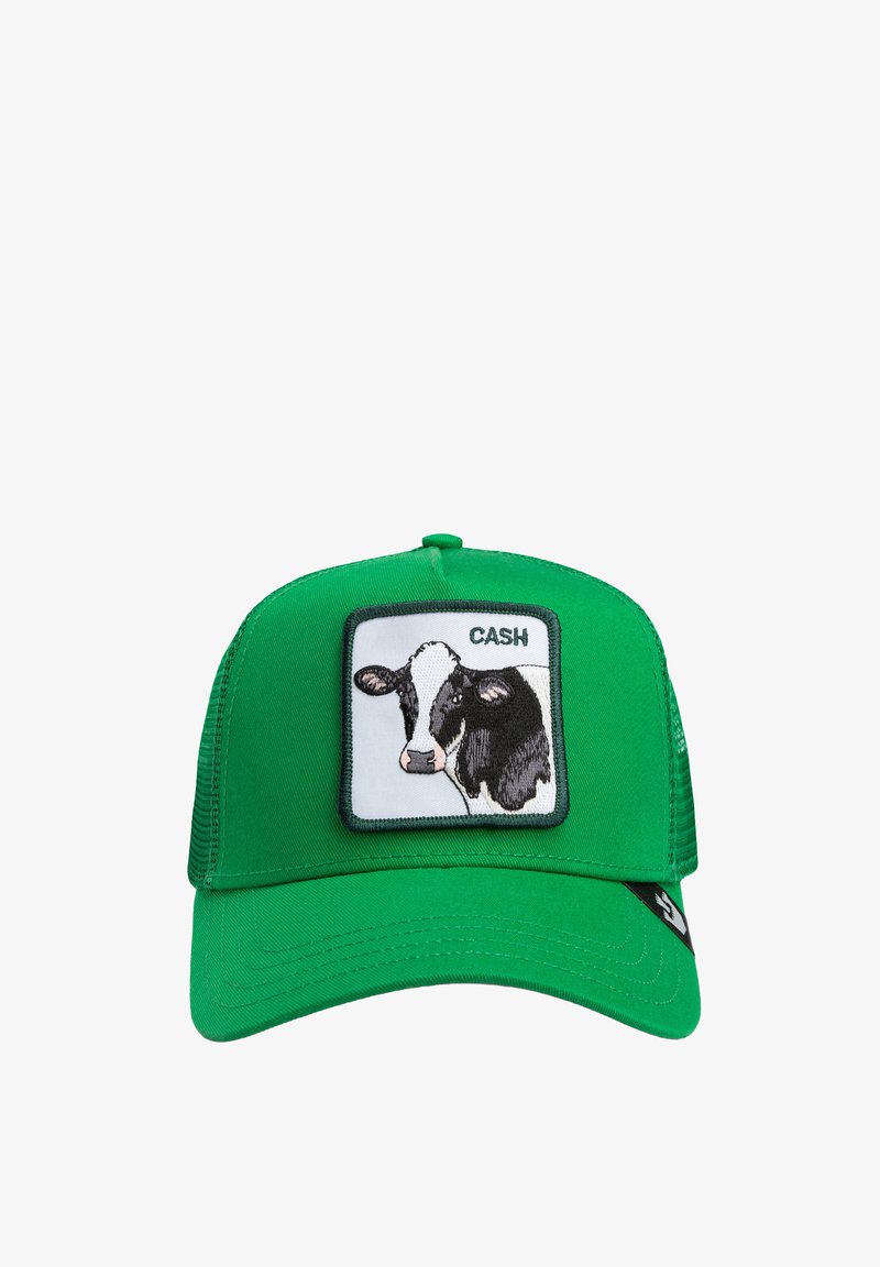 Green cap with structured front, featuring an embroidered cow patch. Text "CASH" above the patch, mesh back, and curved brim.