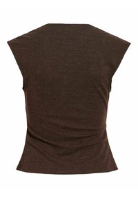 Haut marron sans manches avec un large col et une taille légèrement ajustée, vu de dos sur fond blanc.