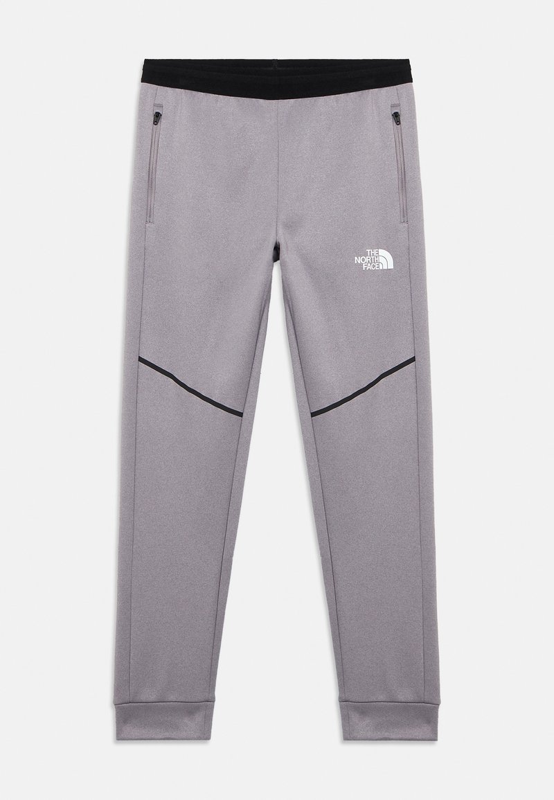 Ανοιχτό γκρι κωνικά φούτερ παντελόνια με μαύρη μέση, πλαϊνές τσέπες με φερμουάρ, μαύρες διαγώνιες ρίγες και λευκό λογότυπο The North Face στο δεξί μηρό.